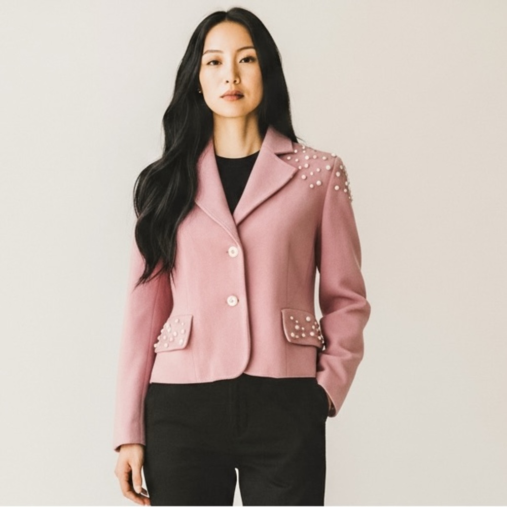 Harve Benard Pearl Rhinestone Light Pink Felted Wool Blend Blazer